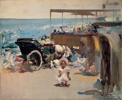 Pferdekutsche und Kind am Strand von José Navarro Llorens